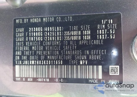 2019 Honda Cr-V Ex-L z USA, uszkodzony, nr VIN JHLRW2H83KX011650